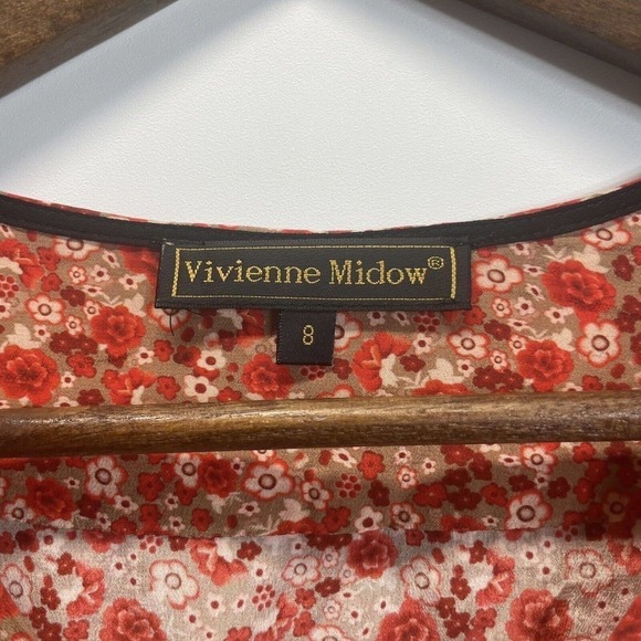 Vivienne Midow Dress Size 8‎ 100% Silk Red Orange Floral Ruffle Elastic Waist - Picture 8 of 8